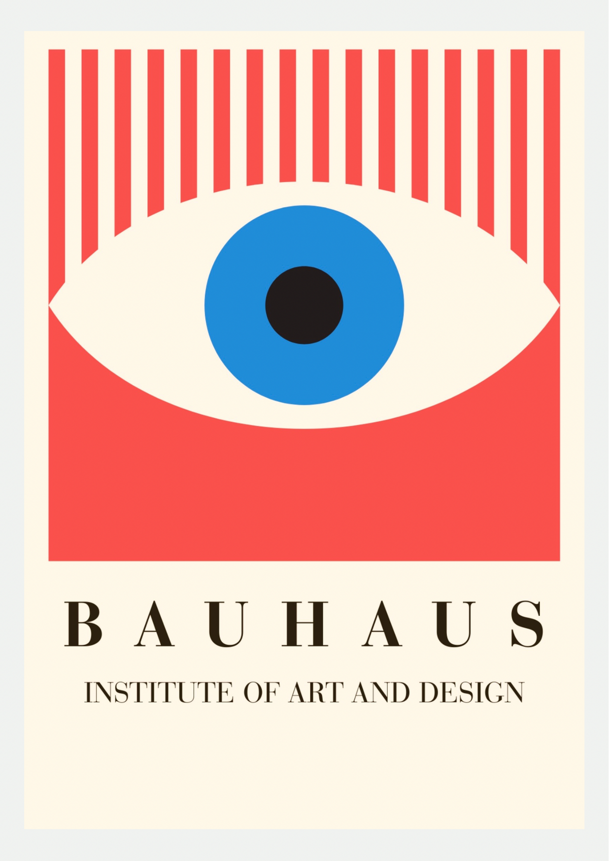 Affiche Bauhaus œil rouge : œil géométrique à iris bleu et cils en rayures rouges, titre BAUHAUS Institute of Art and Design