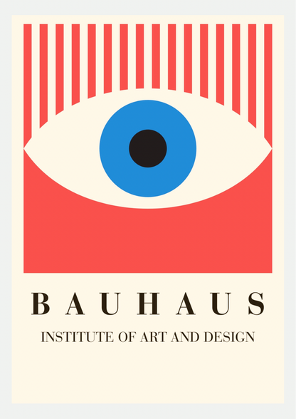 Affiche Bauhaus œil rouge : œil géométrique à iris bleu et cils en rayures rouges, titre BAUHAUS Institute of Art and Design