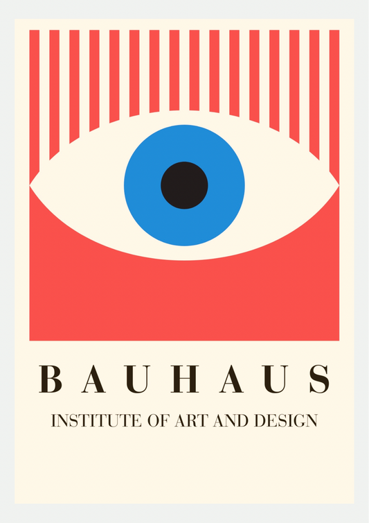 Affiche Bauhaus œil rouge : œil géométrique à iris bleu et cils en rayures rouges, titre BAUHAUS Institute of Art and Design