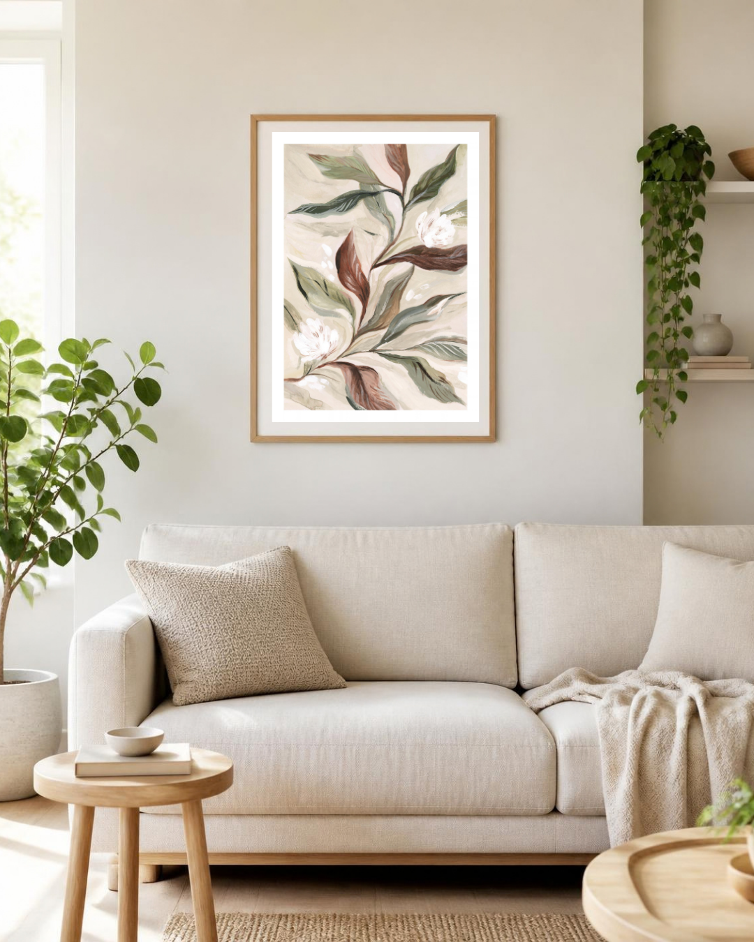 Vue élargie d'un salon décoré avec l'affiche feuillage terracotta encadrée, ambiance naturelle et bohème