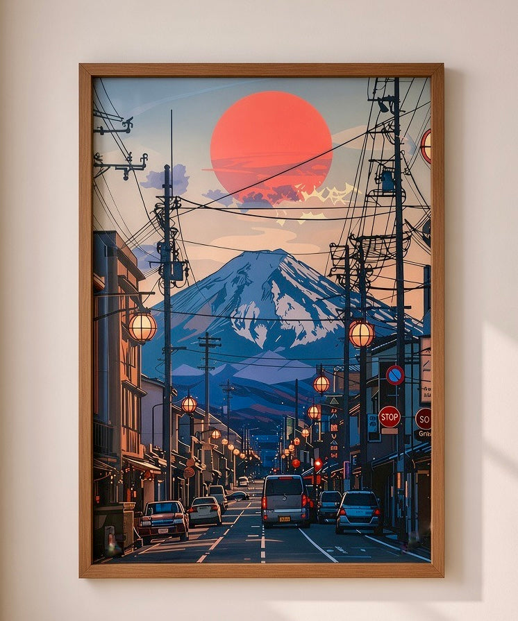 Vue rapprochée de l'affiche Crépuscule sur le Mont Fuji encadrée sur le mur du salon
