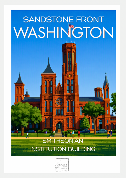 Affiche flat design du Smithsonian Institution Building à Washington, façade et tours en grès rouge de style néo-roman sous un ciel bleu