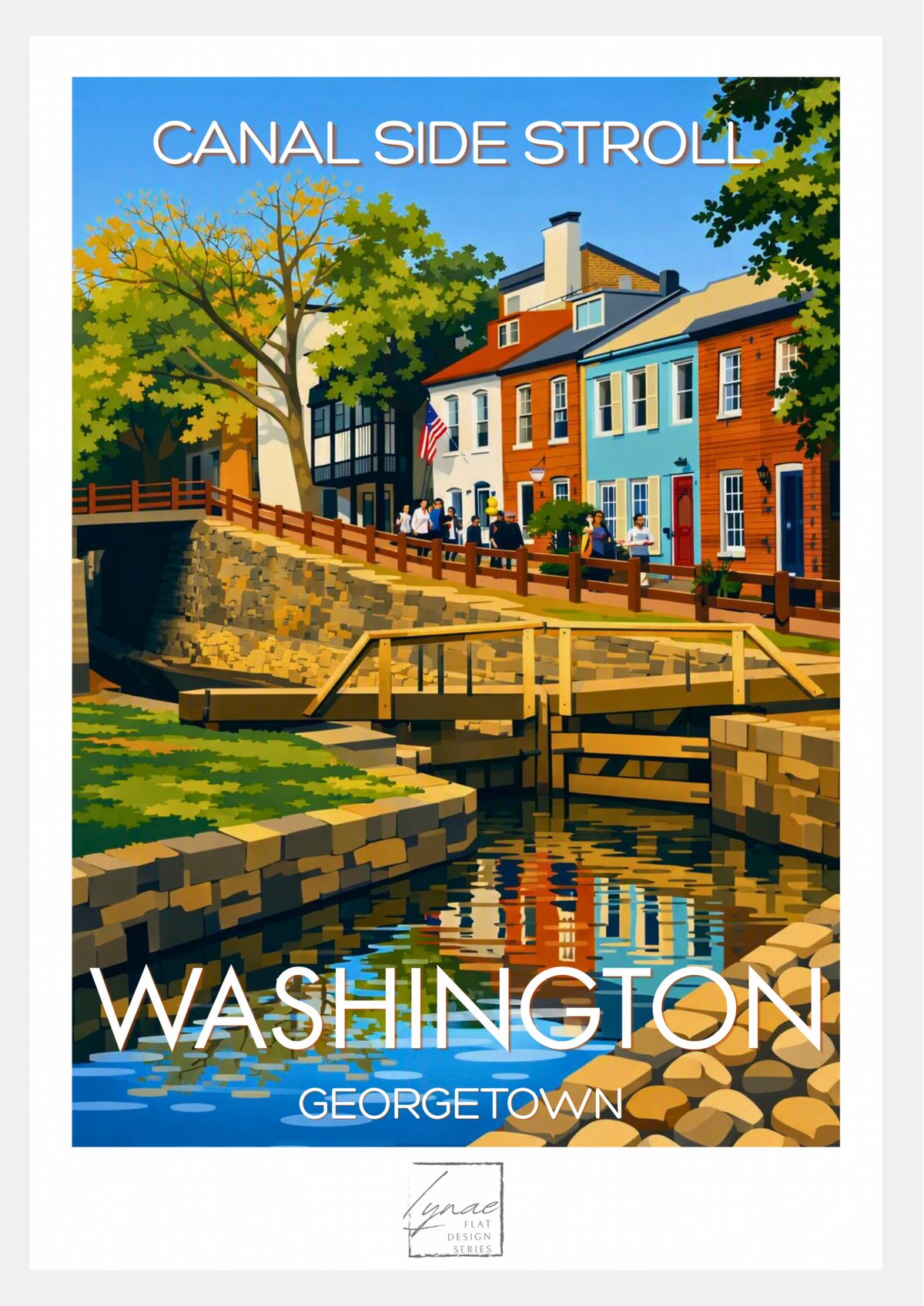 Affiche flat design du canal de Georgetown à Washington, promeneurs devant des maisons colorées près d'une écluse historique