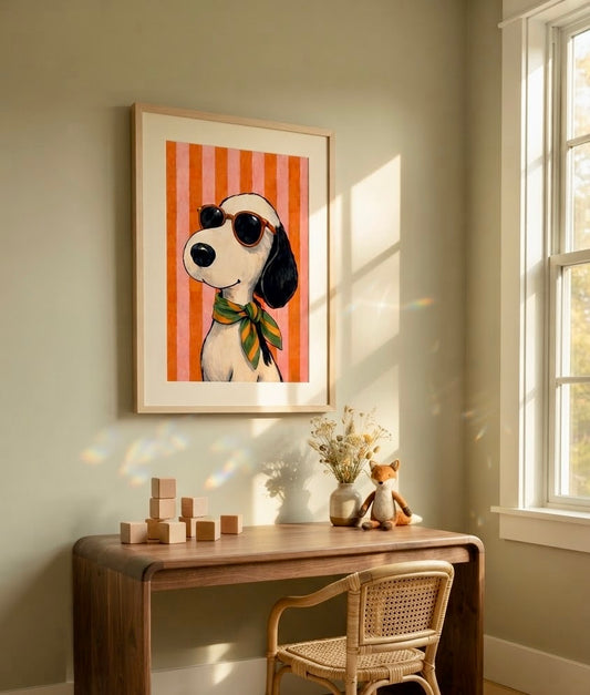 Affiche Snoopy Lunettes et Foulard encadrée et accrochée au mur d'une chambre d'enfant