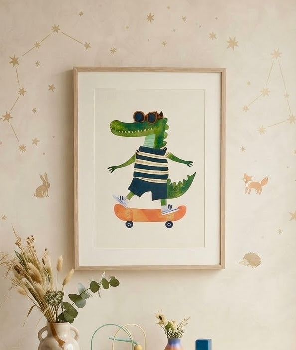Gros plan sur l'impression et le papier de l'affiche Crocodile en Skate