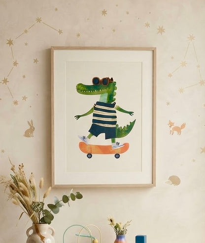 Gros plan sur l'impression et le papier de l'affiche Crocodile en Skate