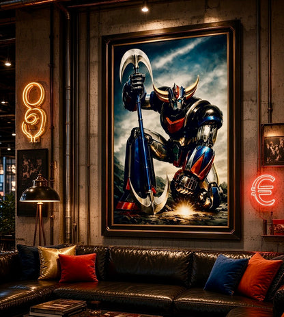 Vue élargie d'un salon décoré avec l'affiche Goldorak encadrée, ambiance geek et mecha japonais rétro