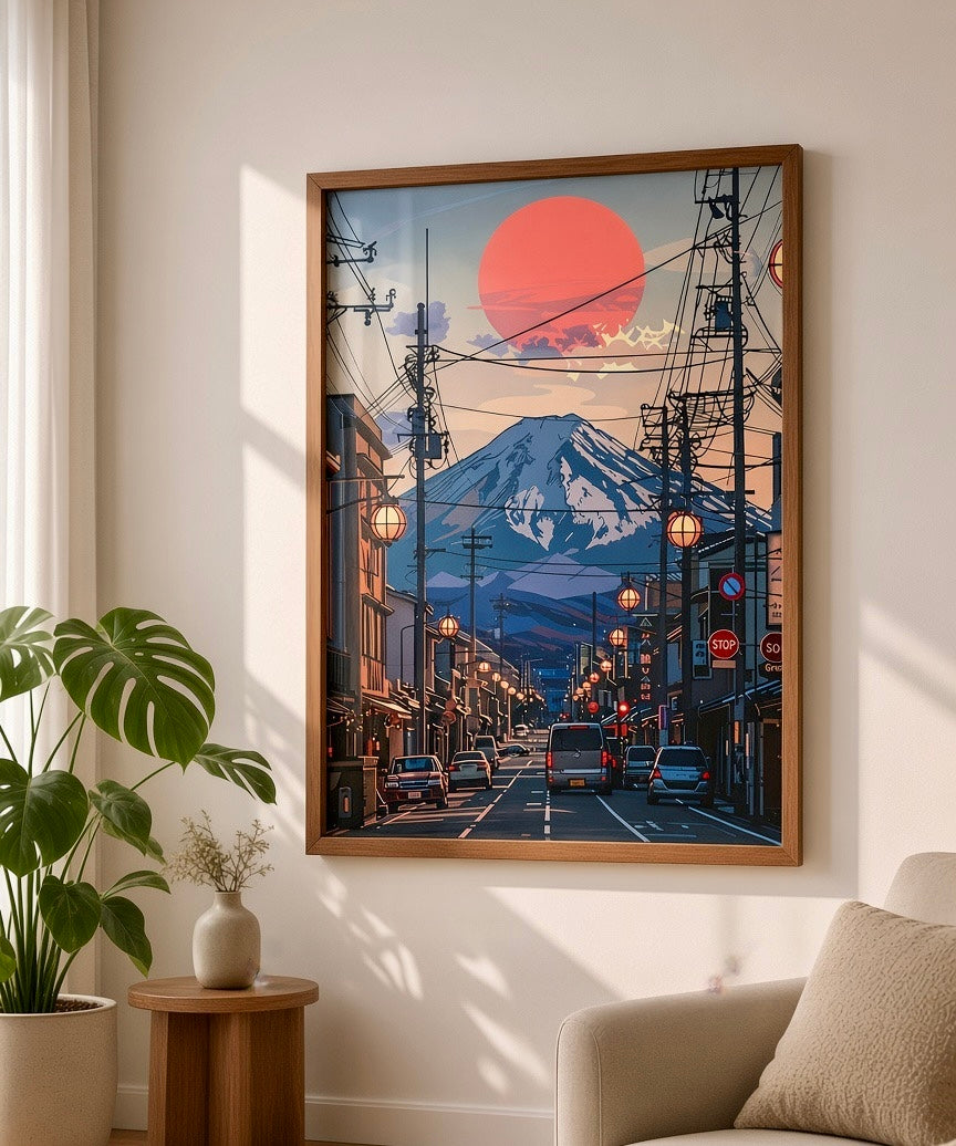 Vue d'ensemble du salon avec l'affiche Crépuscule sur le Mont Fuji en décoration murale