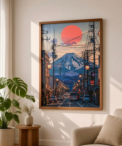 Vue d'ensemble du salon avec l'affiche Crépuscule sur le Mont Fuji en décoration murale