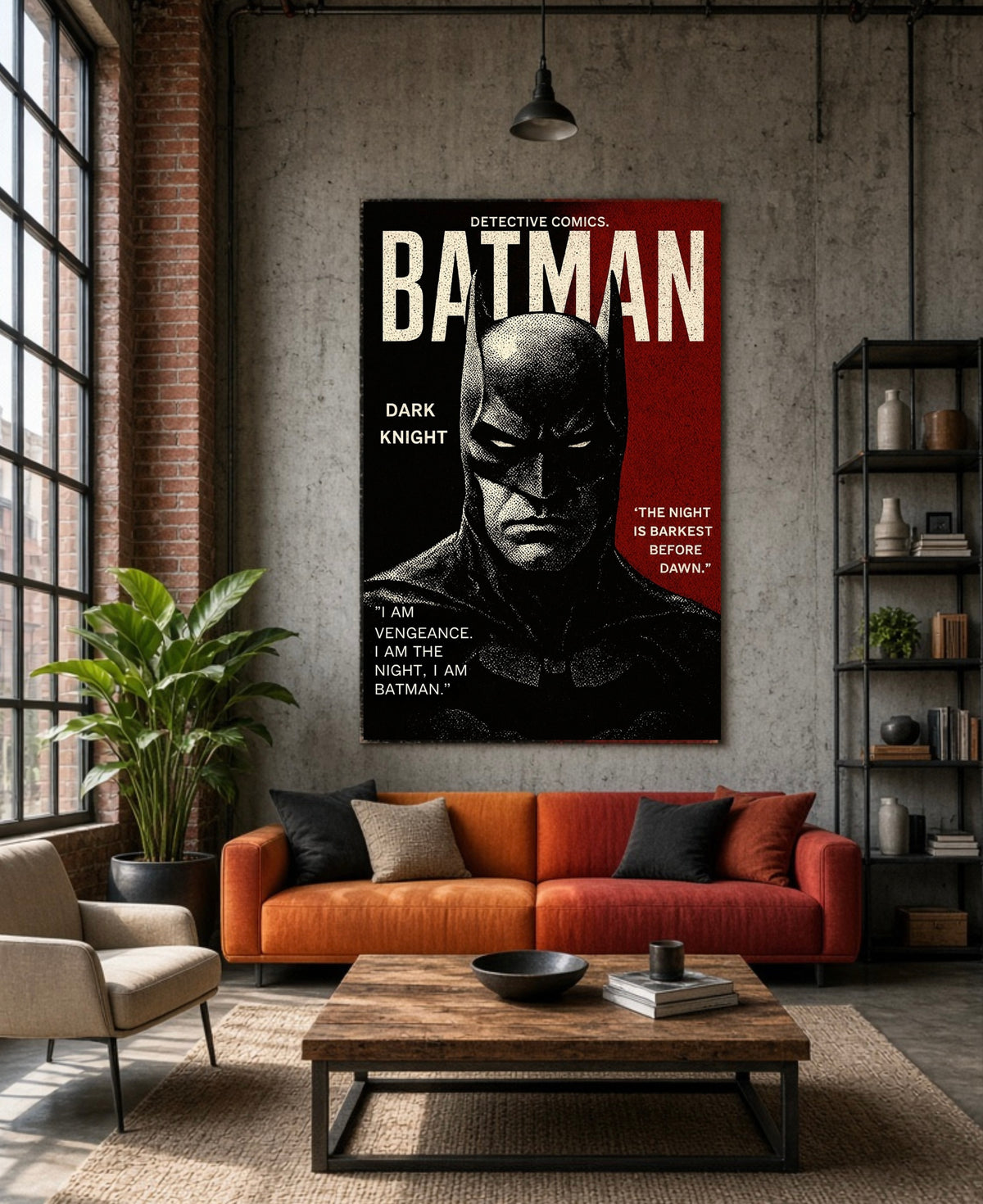 Vue d'ensemble du salon avec l'affiche Batman Dark Knight en décoration murale