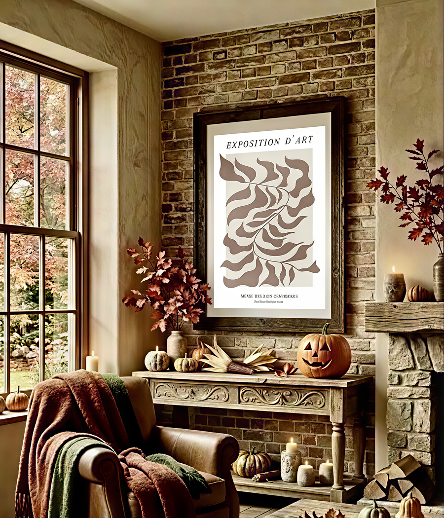 Poster feuillage abstrait taupe encadré accroché au mur d'un salon, décoration neutre