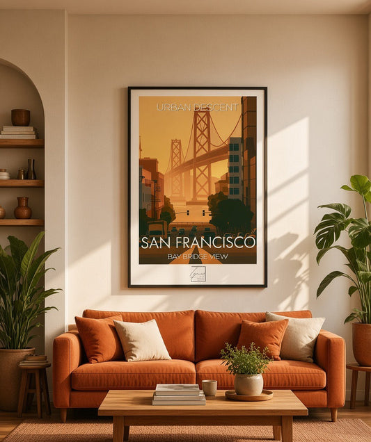 Affiche Urban Descent encadrée accrochée dans un salon, décoration murale San Francisco Bay Bridge