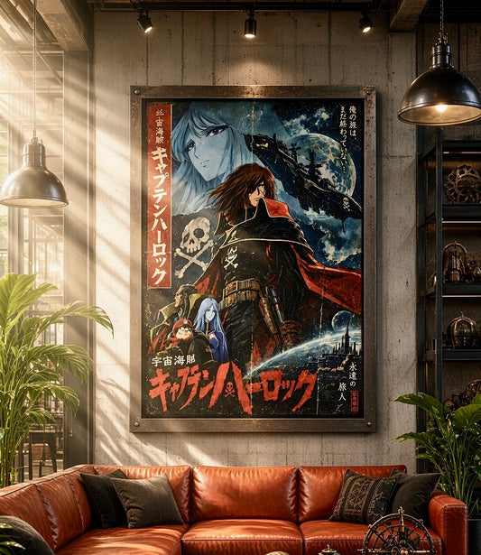 Poster Albator vintage encadré accroché au mur d'un salon, ambiance bleu nuit et rouge
