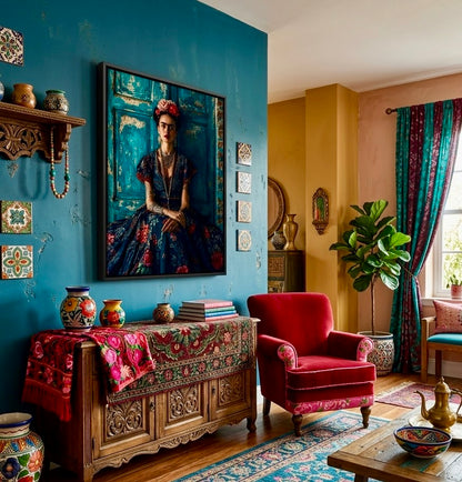 Toile encadrée Frida Kahlo portrait fleuri mexicain, collage photo et illustration aux motifs floraux