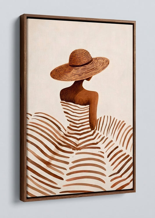 Toile encadrée Femme au Chapeau de Paille, décoration murale minimaliste bohème