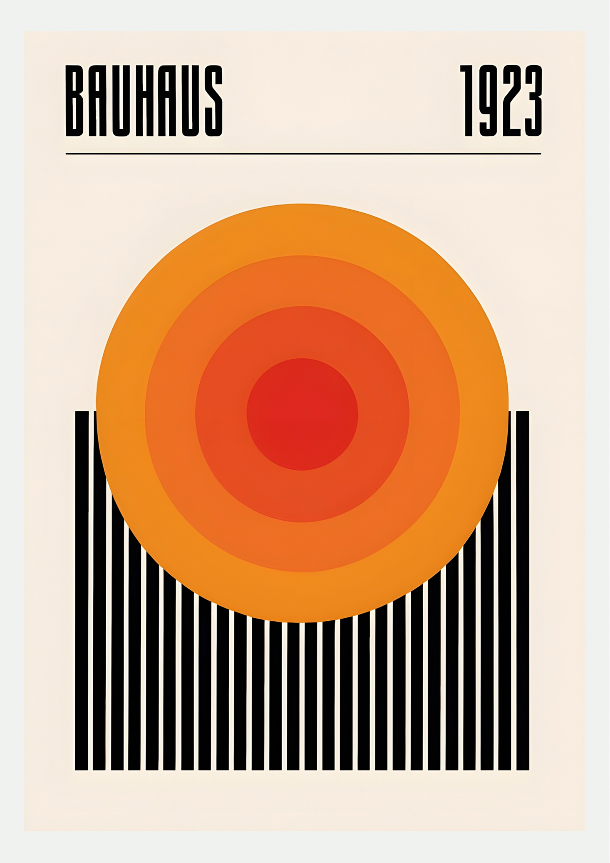 Affiche Bauhaus 1923 : cercles concentriques orange et rouge sur rayures noires verticales, titre BAUHAUS et année 1923 sur fond crème