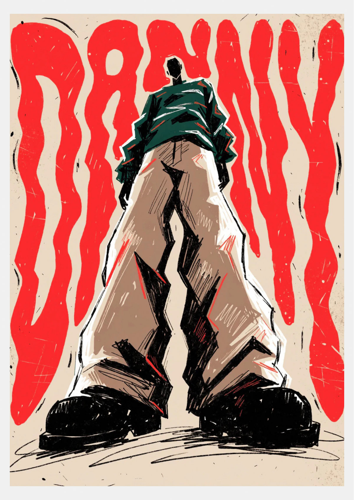 Affiche d'art "Danny" - illustration silhouette streetwear, lettrage rouge ondulé sur fond beige