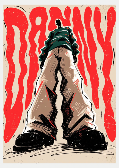 Affiche d'art "Danny" - illustration silhouette streetwear, lettrage rouge ondulé sur fond beige