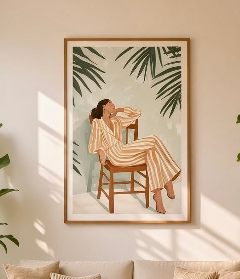 Poster illustration femme sur chaise terracotta avec feuilles de palmier, vu de près sur un mur de salon
