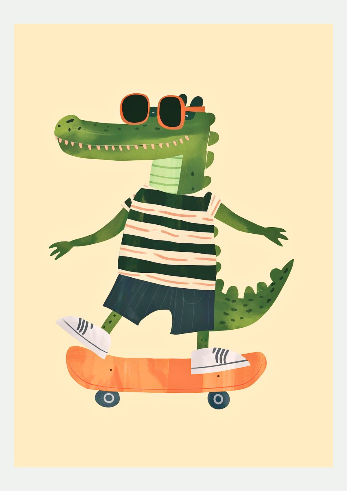 Affiche Crocodile en Skate, illustration pour chambre d'enfant, présentée seule sur fond neutre