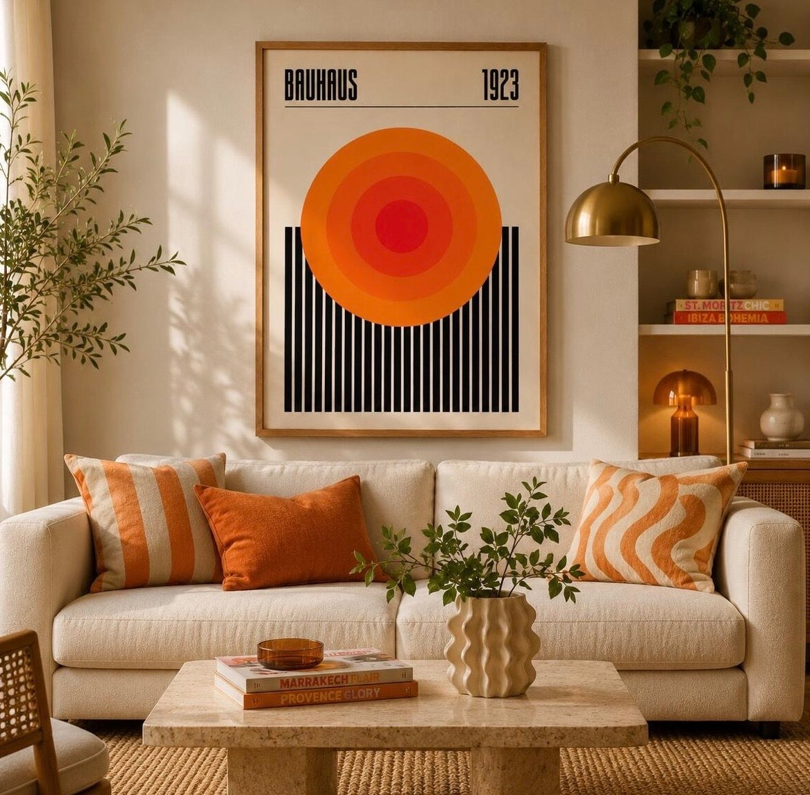 Ambiance salon avec l'affiche Bauhaus 1923 cercles orange encadrée, décoration murale géométrique
