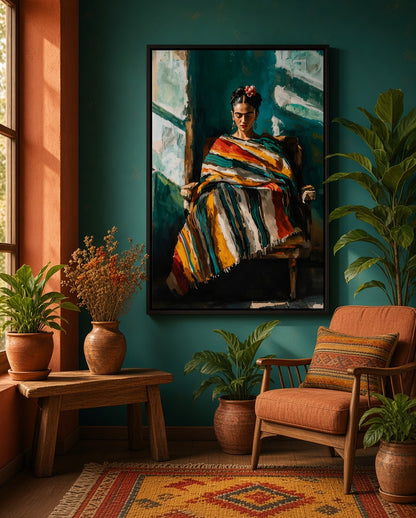 Toile encadrée Frida Kahlo, portrait peinture au châle rayé, vue d'ensemble