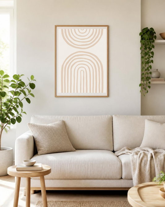 Poster arches concentriques beige encadré, accroché au mur d'un salon, décoration minimaliste boho et japandi
