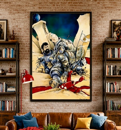 Gros plan sur l'affiche Exterminateur 714 : aquarelle et encre, combinaisons spatiales abîmées, Milou et fusée rouge