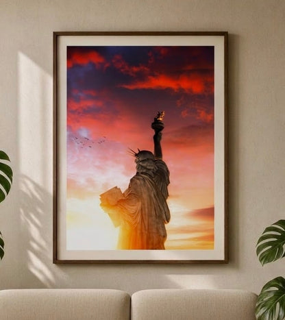 Gros plan sur l'affiche de la Statue de la Liberté : torche dorée, nuages rouges et volée d'oiseaux