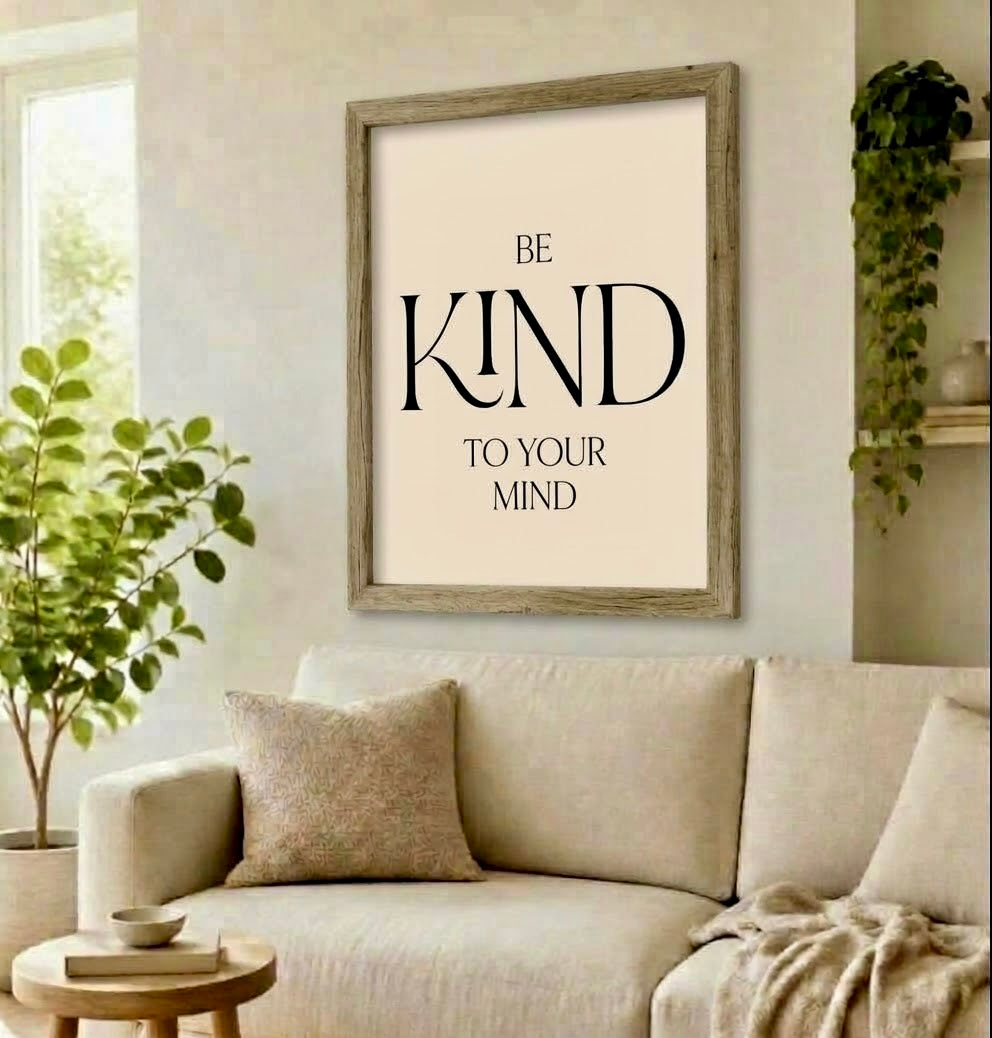 Poster typographique Be Kind to your mind accroché dans un bureau lumineux, idée cadeau déco bien-être