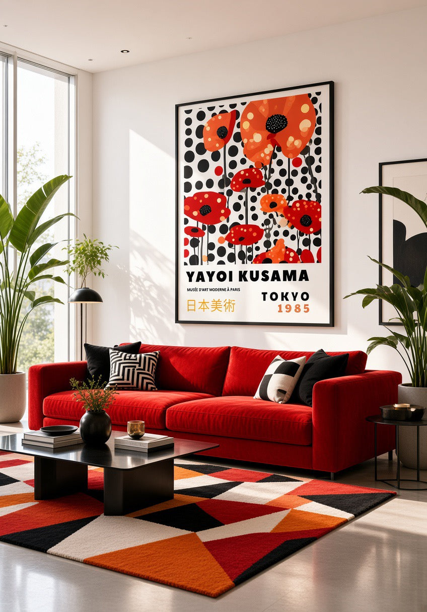 Affiche Yayoi Kusama Coquelicots à Pois détail des couleurs rouge et orangé