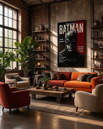 Affiche encadrée Batman Dark Knight accrochée au mur dans un salon