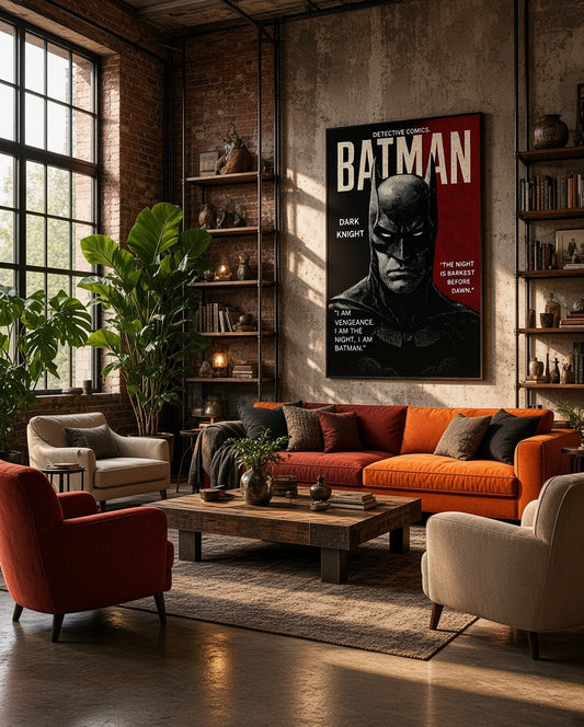 Affiche encadrée Batman Dark Knight accrochée au mur dans un salon