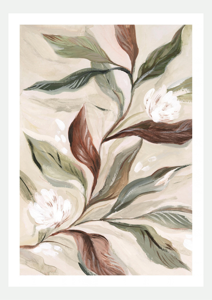 Affiche feuillage terracotta et vert sauge avec deux fleurs blanches, peinture botanique à la gouache sur fond crème