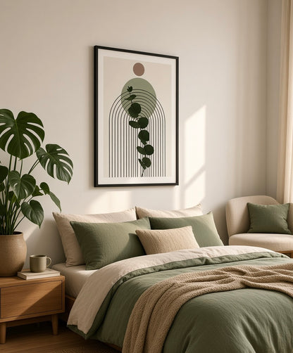 Vue d'ensemble du salon avec l'affiche Fougère verte n°4 encadrée