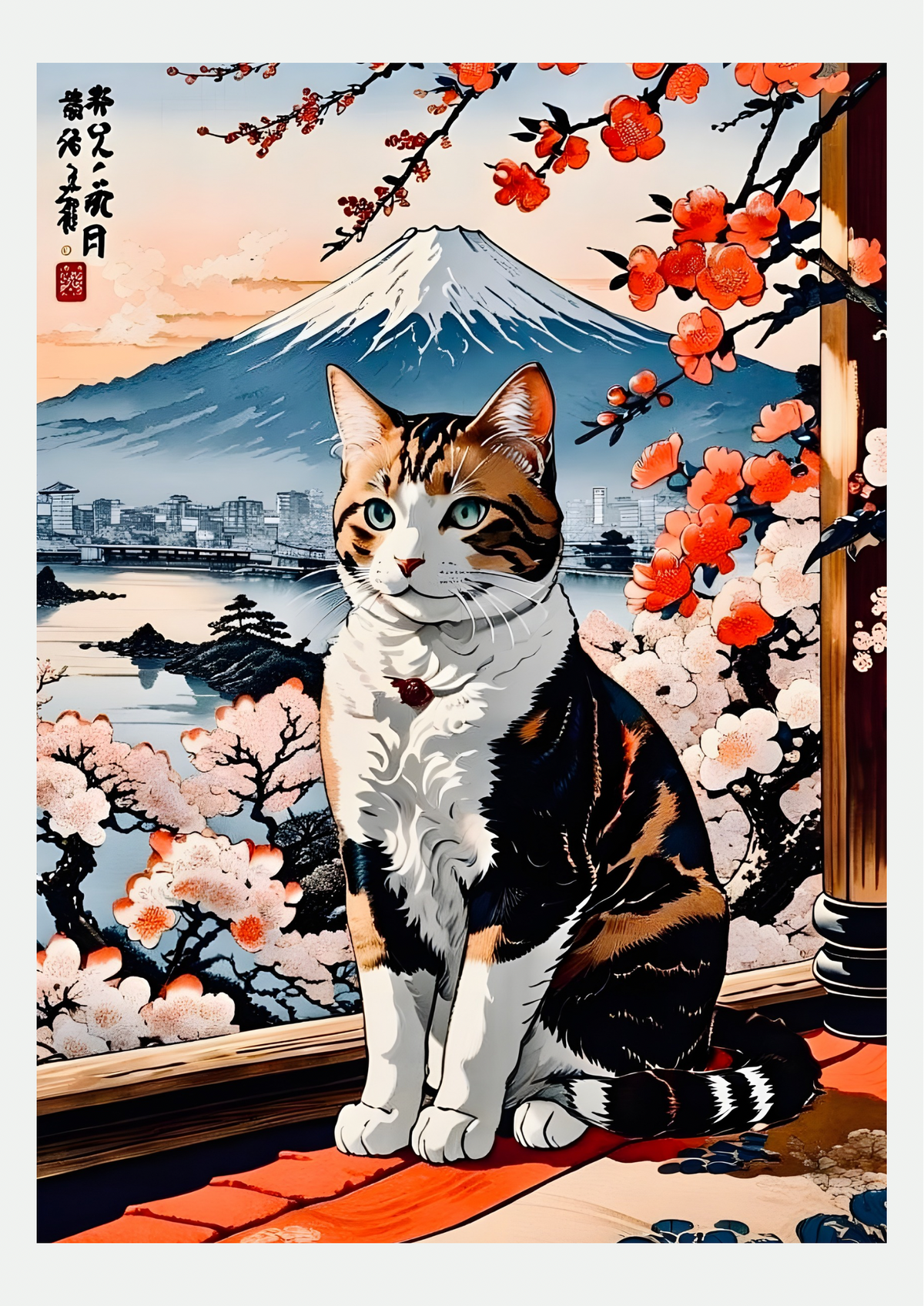 Affiche Chat Tigré au Mont Fuji présentée seule sur fond neutre