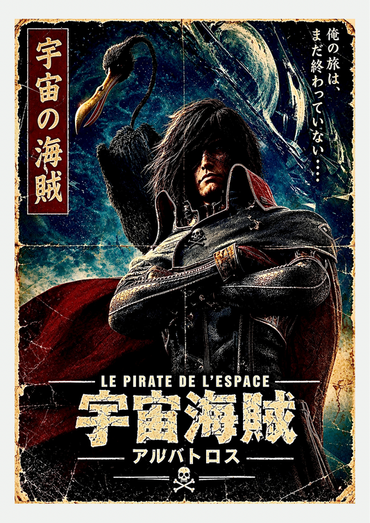 Affiche Albator Pirate de l'Espace : capitaine aux bras croisés, cape rouge et oiseau noir sur fond de ciel étoilé, papier vieilli et titres japonais