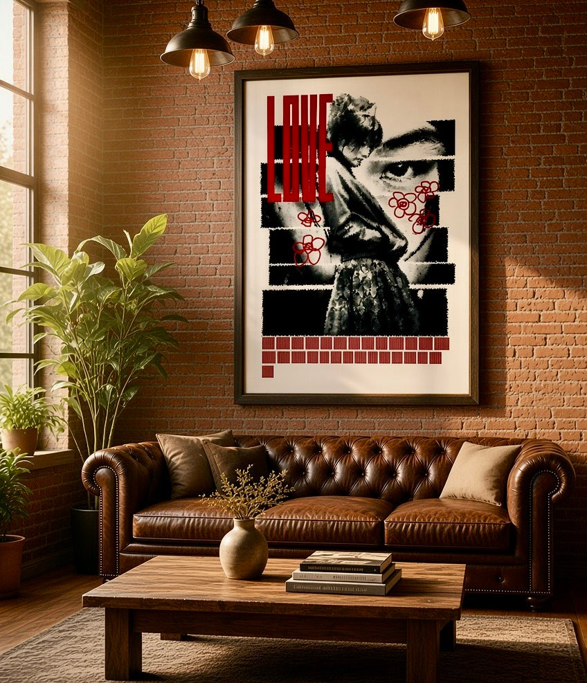 Affiche LOVE noir et rouge encadrée, accrochée au mur d'un salon contemporain