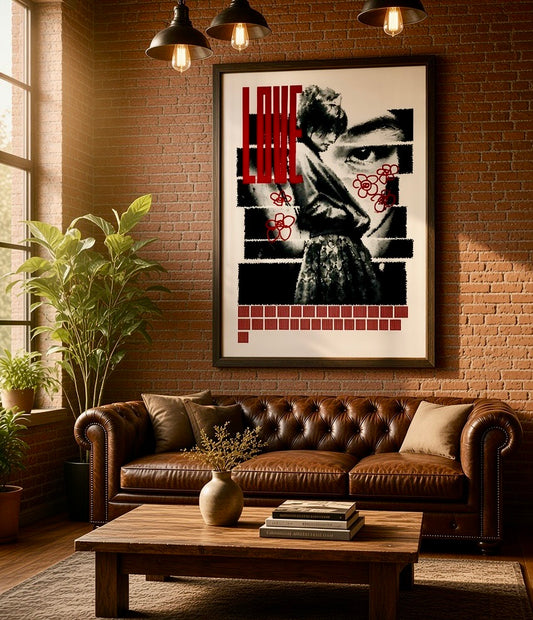 Affiche LOVE noir et rouge encadrée, accrochée au mur d'un salon contemporain