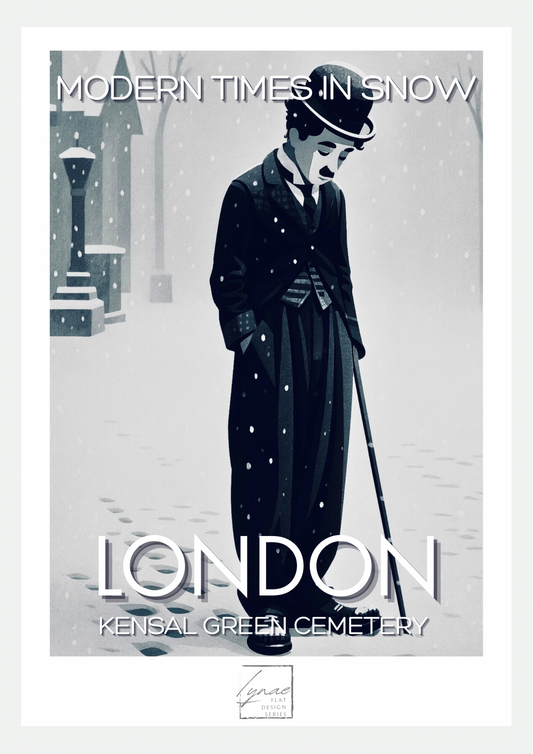 Affiche Modern Times in Snow : Charlot en noir et blanc, chapeau melon et canne, marchant tête baissée sous la neige à Londres