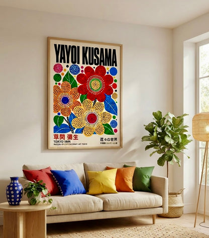 Vue large d'un salon décoré de l'affiche Yayoi Kusama fleurs à pois multicolores encadrée