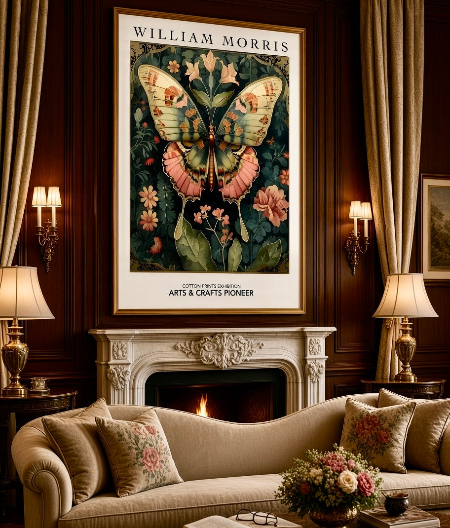 Vue d'ensemble du salon avec l'affiche William Morris Papillon en décoration murale