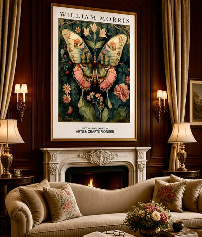 Vue d'ensemble du salon avec l'affiche William Morris Papillon en décoration murale