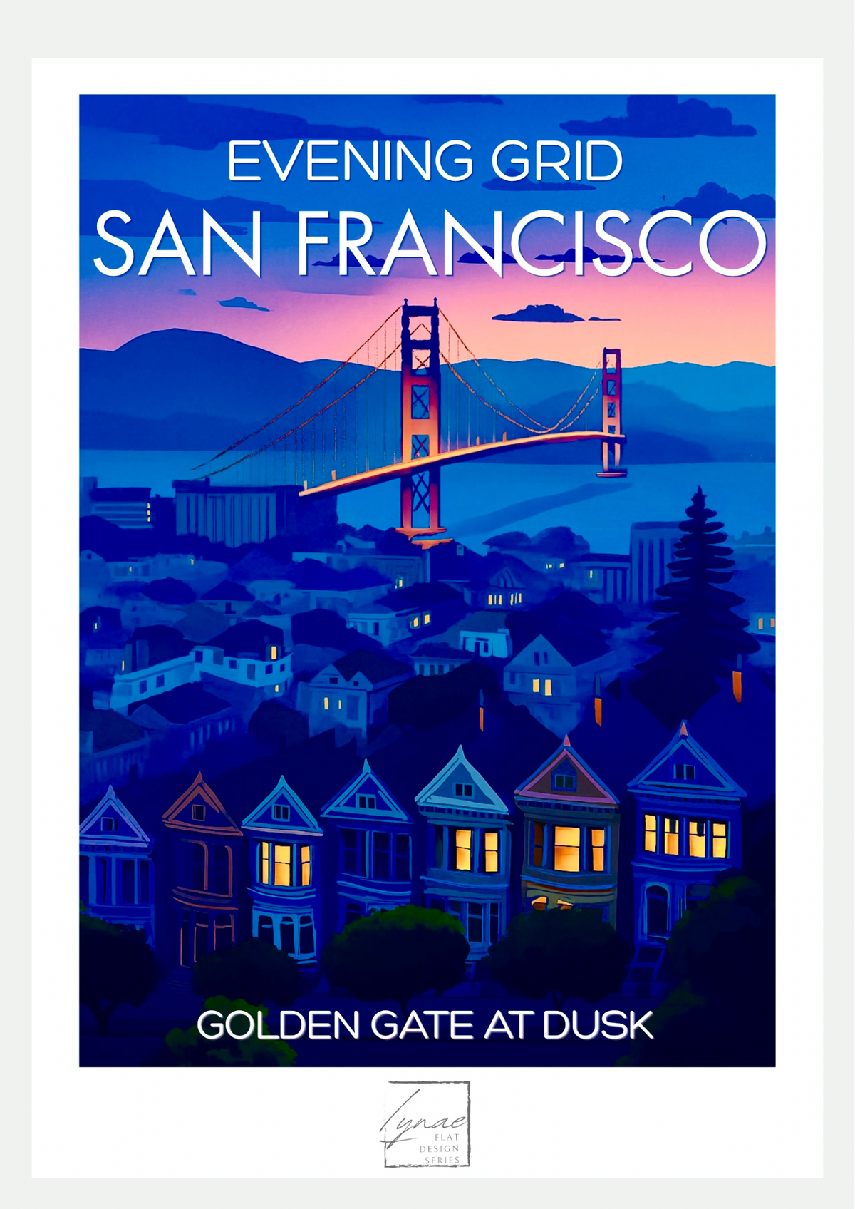 Affiche San Francisco Evening Grid, poster flat design du Golden Gate au crépuscule sur fond neutre