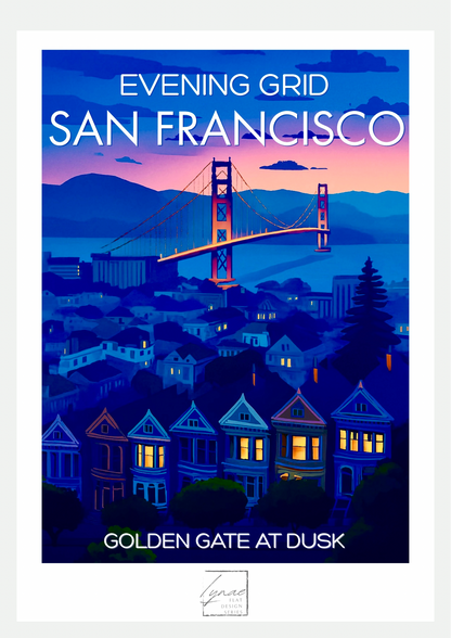 Affiche San Francisco Evening Grid, poster flat design du Golden Gate au crépuscule sur fond neutre