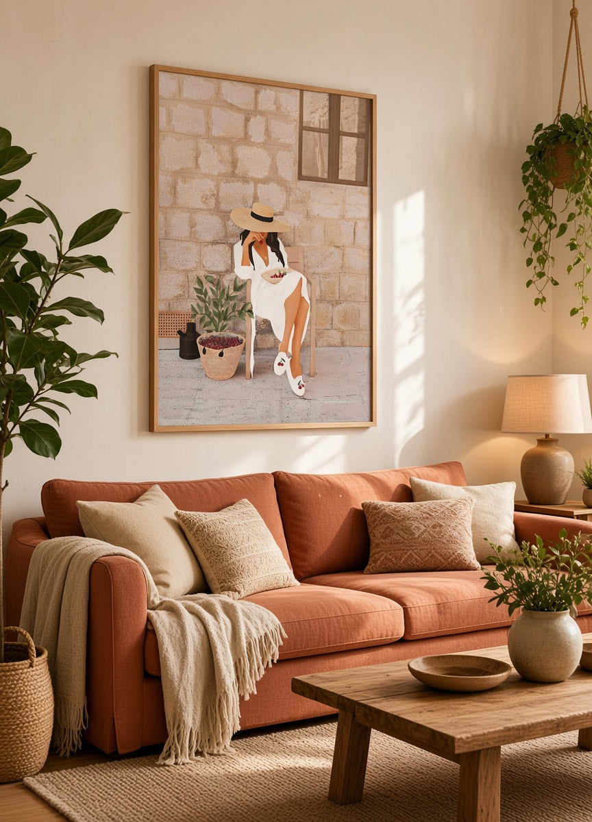 Affiche Femme à la Cerise détail des mules brodées et du panier de cerises