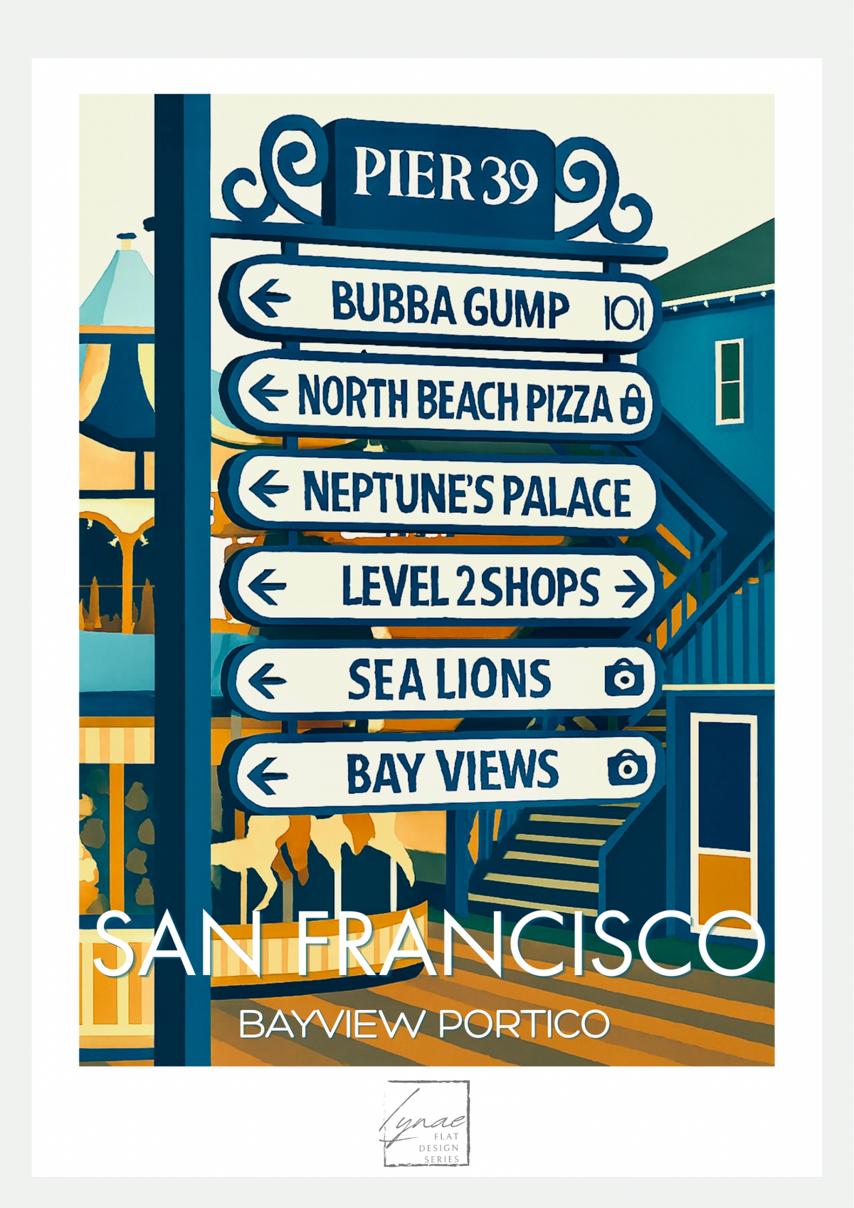 Affiche San Francisco Pier 39 Bayview Portico, poster flat design sur fond neutre
