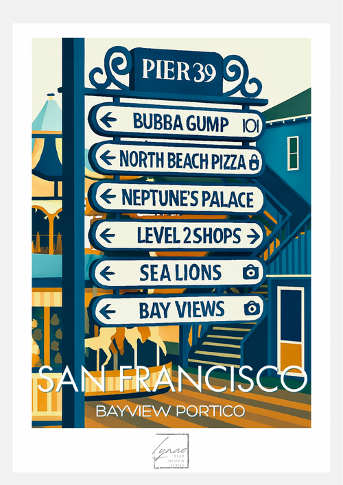 Affiche San Francisco Pier 39 – Poster Flat Design Bayview Portico