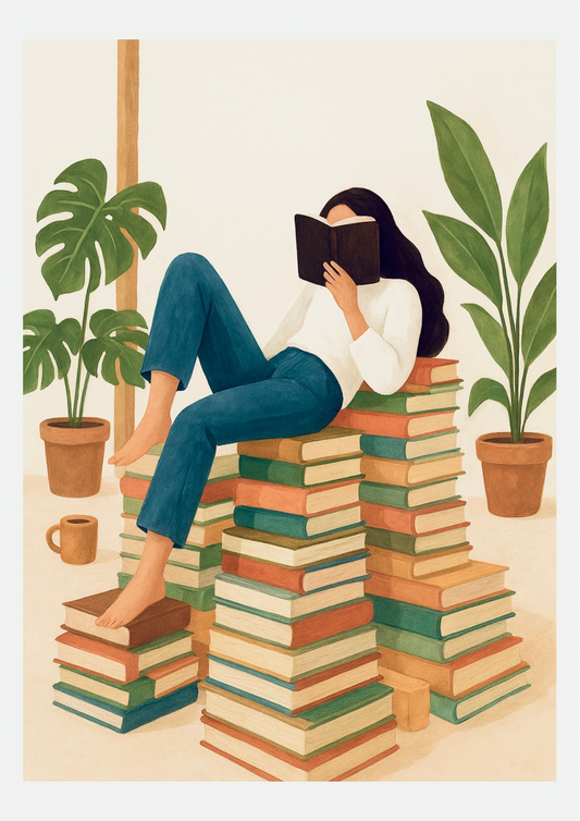 Affiche Femme en Pause Lecture sur pile de livres, illustration minimaliste sur fond neutre