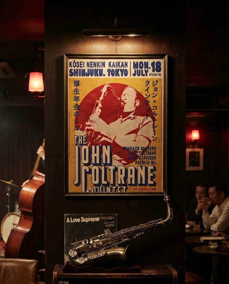 Autre angle de l'affiche John Coltrane Quintet encadrée en situation dans l'intérieur